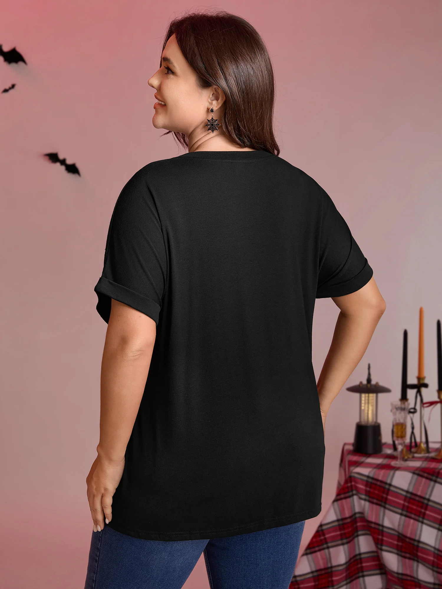 Spiderweb Rhinestone Stretchy Solid T-Shirt - Image 4