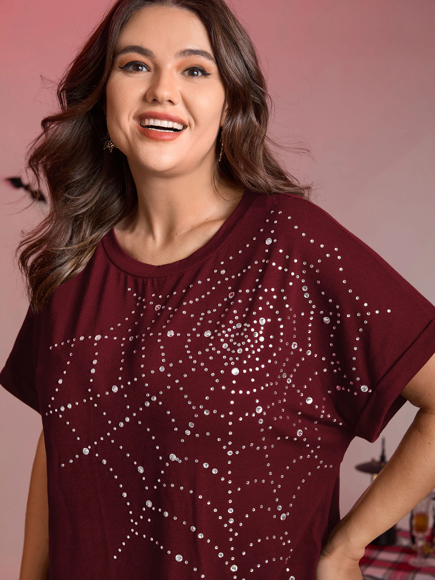 Spiderweb Rhinestone Stretchy Solid T-Shirt - Image 8