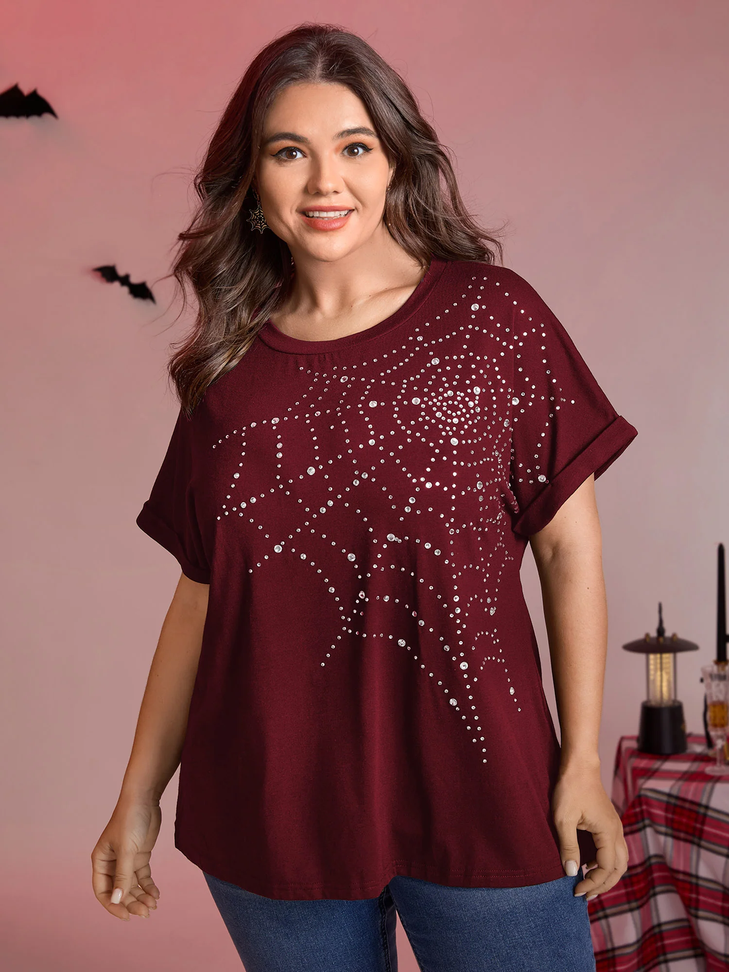 Spiderweb Rhinestone Stretchy Solid T-Shirt - Image 9