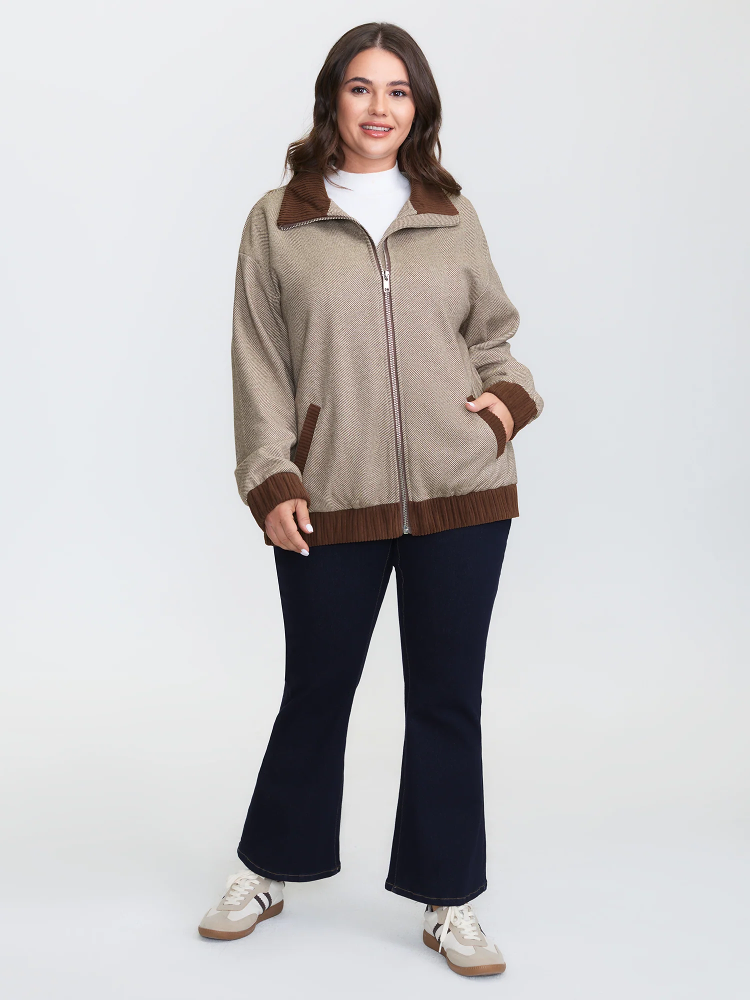 Spliced Color Contrast Pockets Zipper Jacket - Image 3