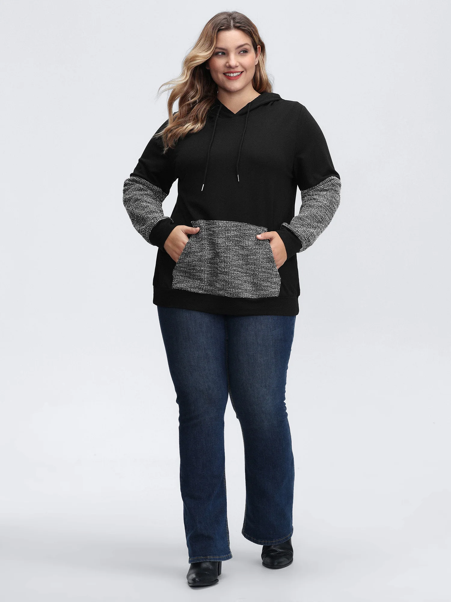 Spliced Color Contrast Textured Hoodie - Image 3