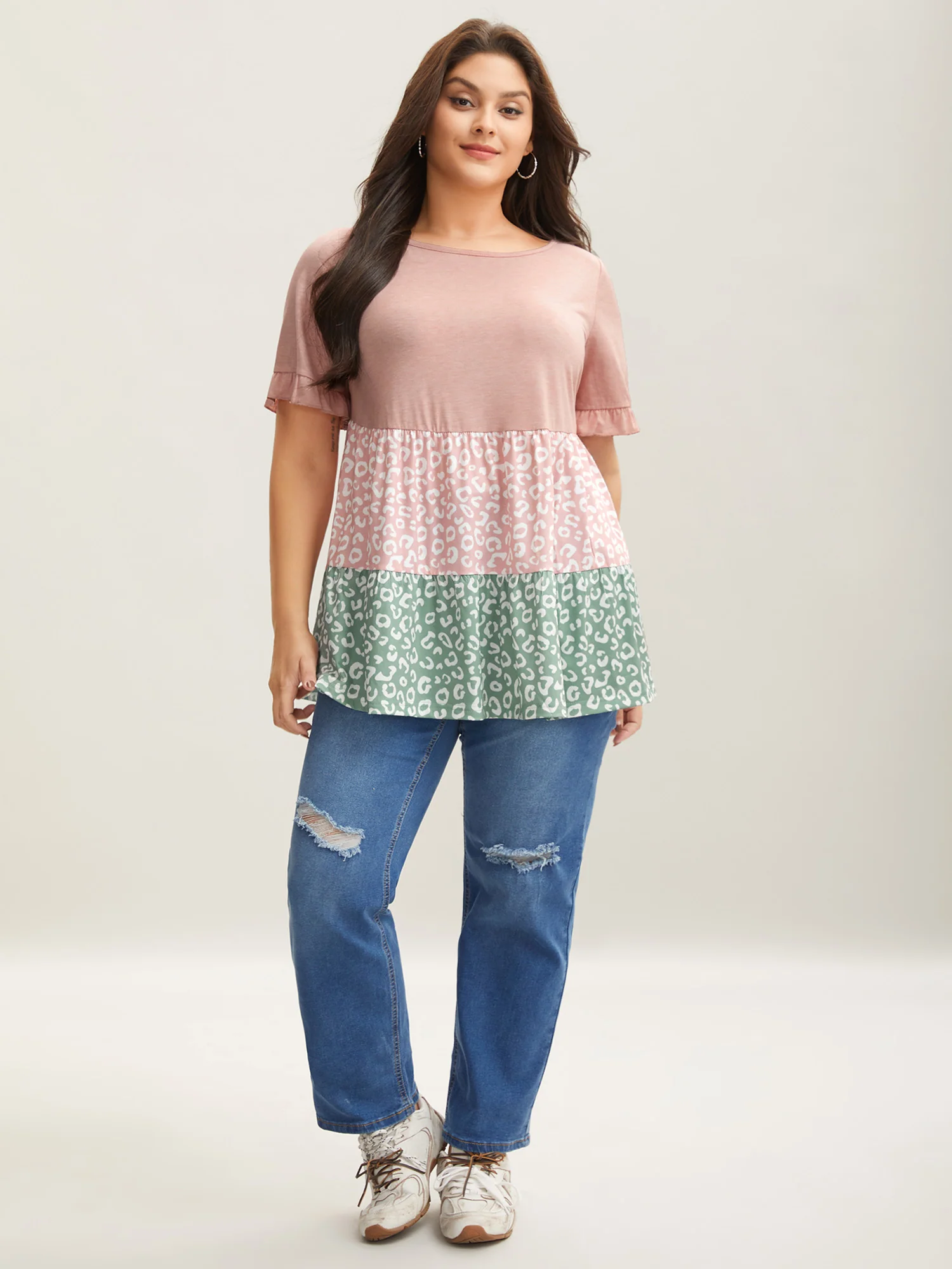 Spliced Printed Tiered Ruffled Sleeve T-Shirt - Image 3