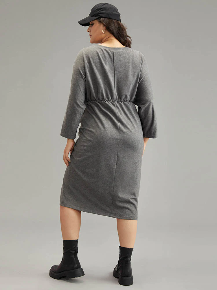 Split Hem Drawstring Batwing Sleeve Dress - Image 3