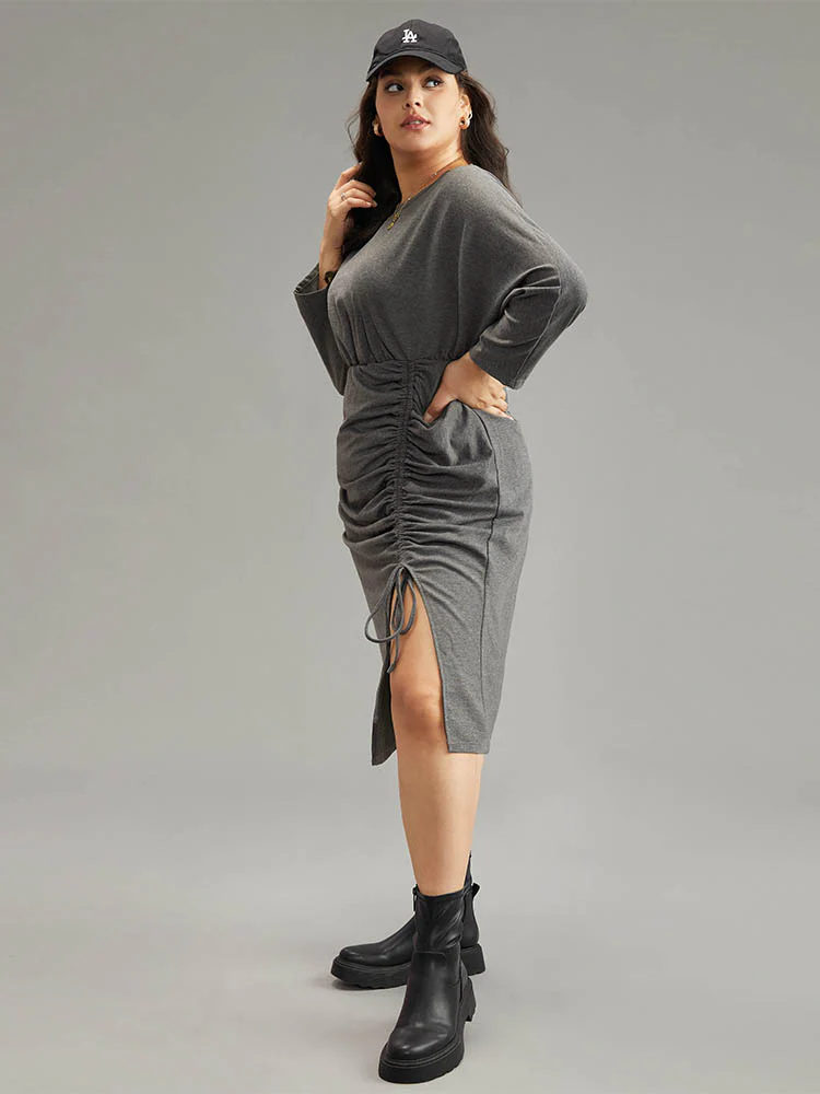 Split Hem Drawstring Batwing Sleeve Dress - Image 4