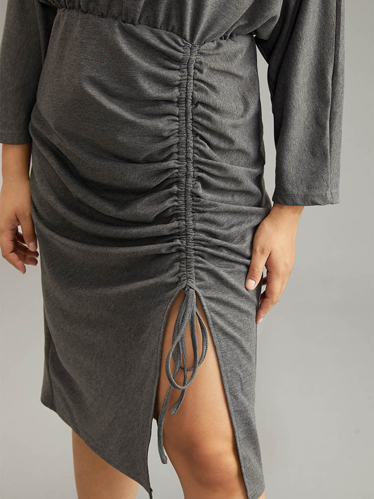 Split Hem Drawstring Batwing Sleeve Dress - Image 7