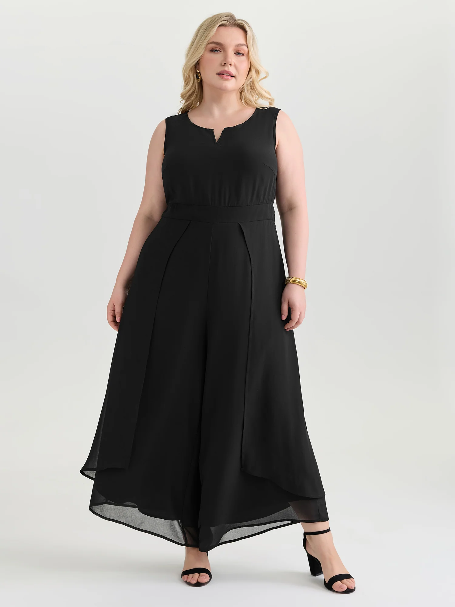 Split Neckline Curvy Hem Plain Jumpsuit