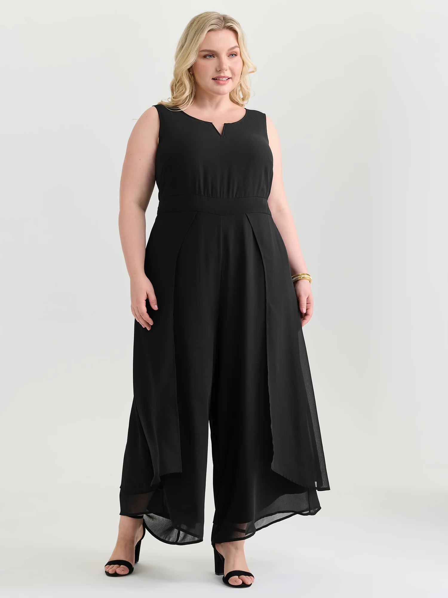 Split Neckline Curvy Hem Plain Jumpsuit - Image 3