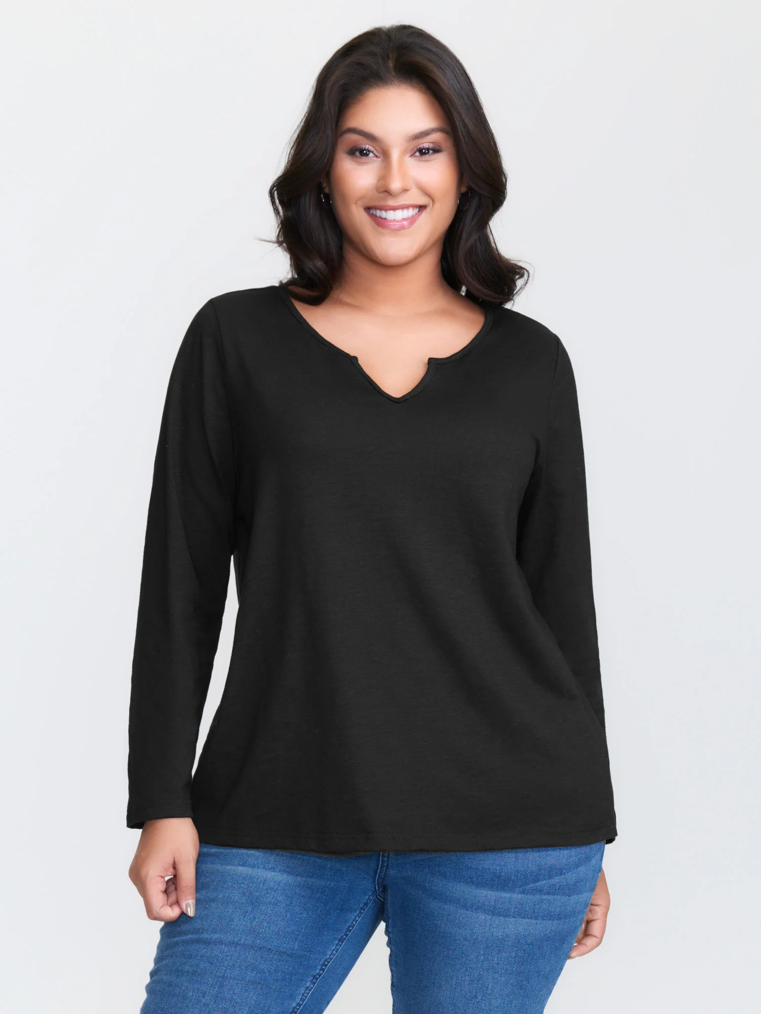 Split Neckline Stretchy Plain T-Shirt - Image 2