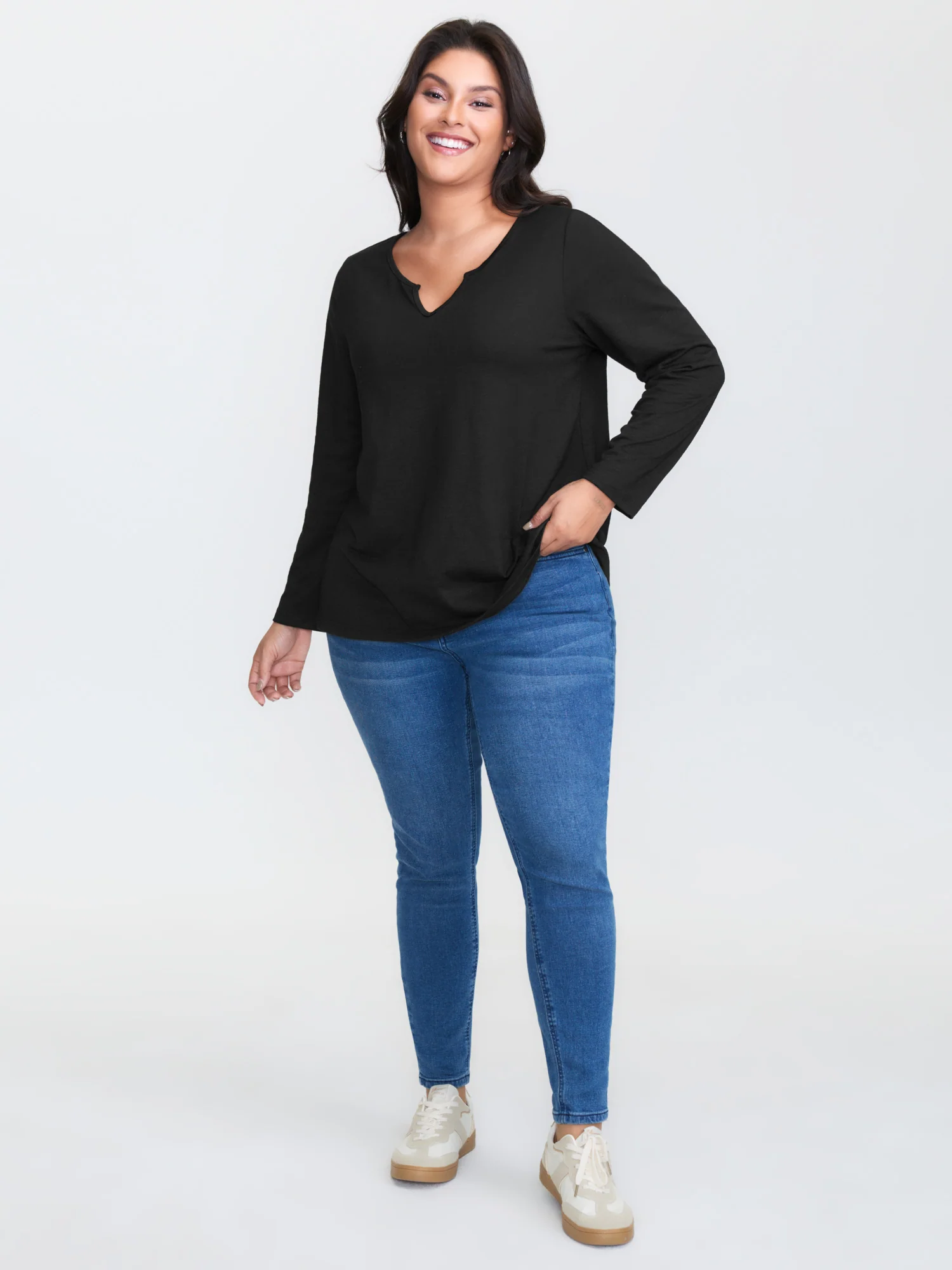 Split Neckline Stretchy Plain T-Shirt - Image 3