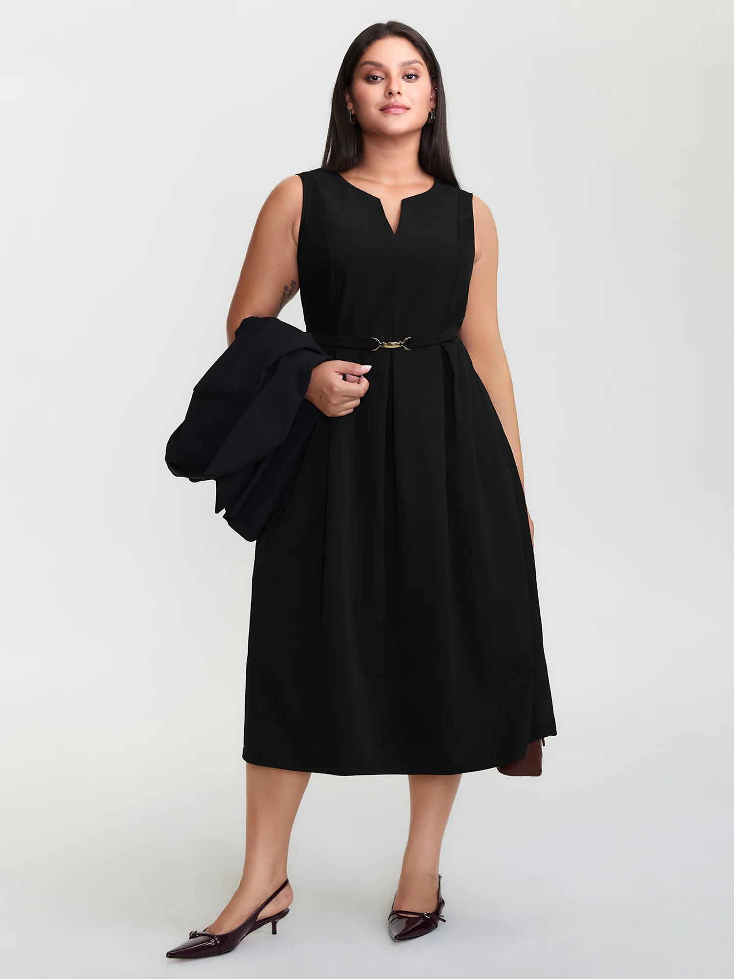 Split Neckline Waist Defining Midi Dress - Image 3