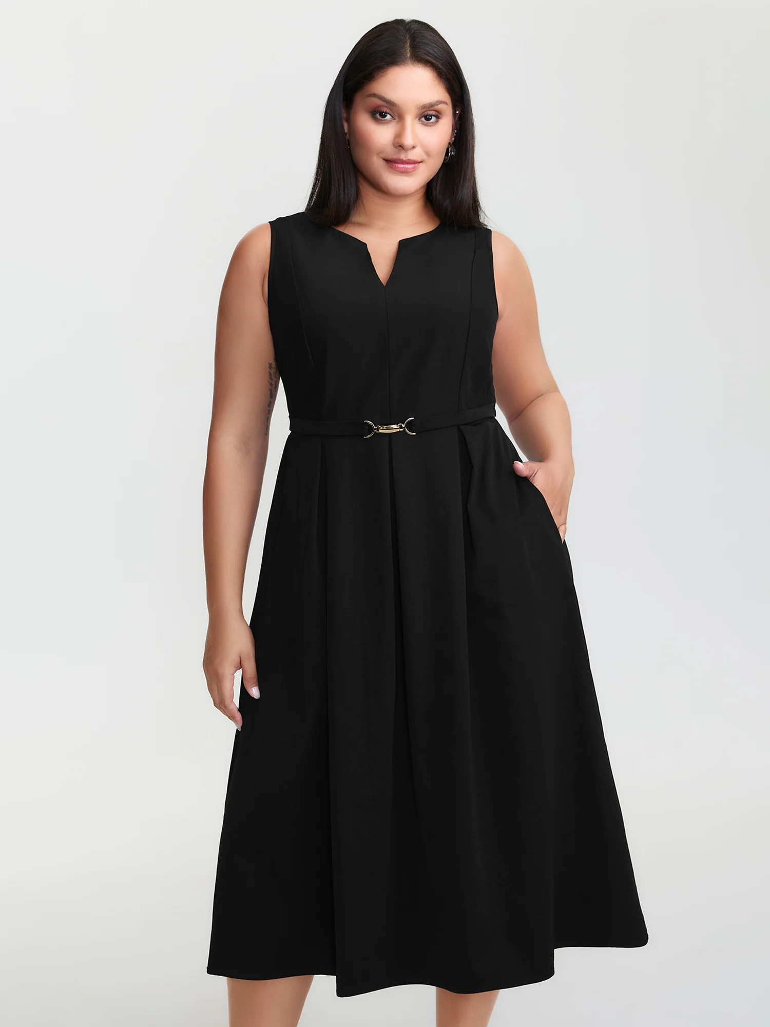 Split Neckline Waist Defining Midi Dress - Image 4