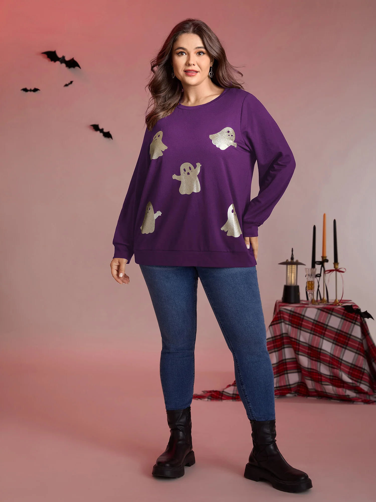 Spooky Ghost Print Solid Sweatshirt - Image 10