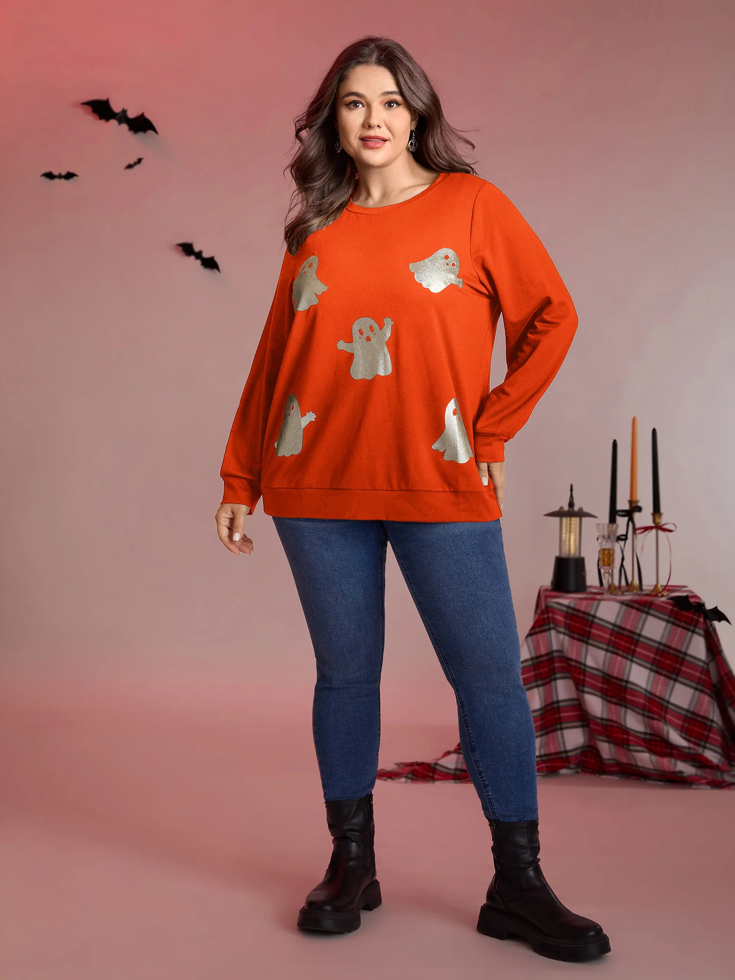 Spooky Ghost Print Solid Sweatshirt - Image 14
