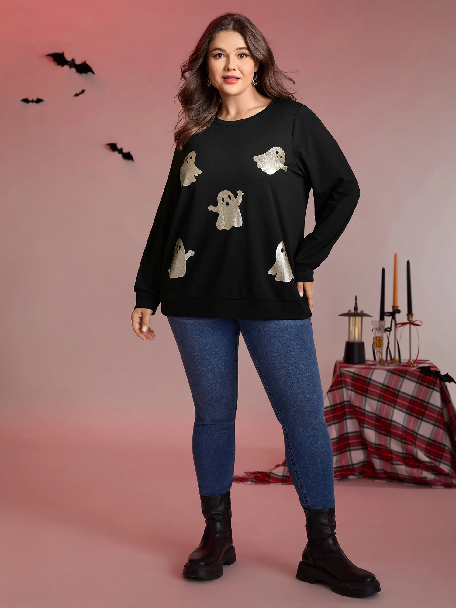 Spooky Ghost Print Solid Sweatshirt - Image 3