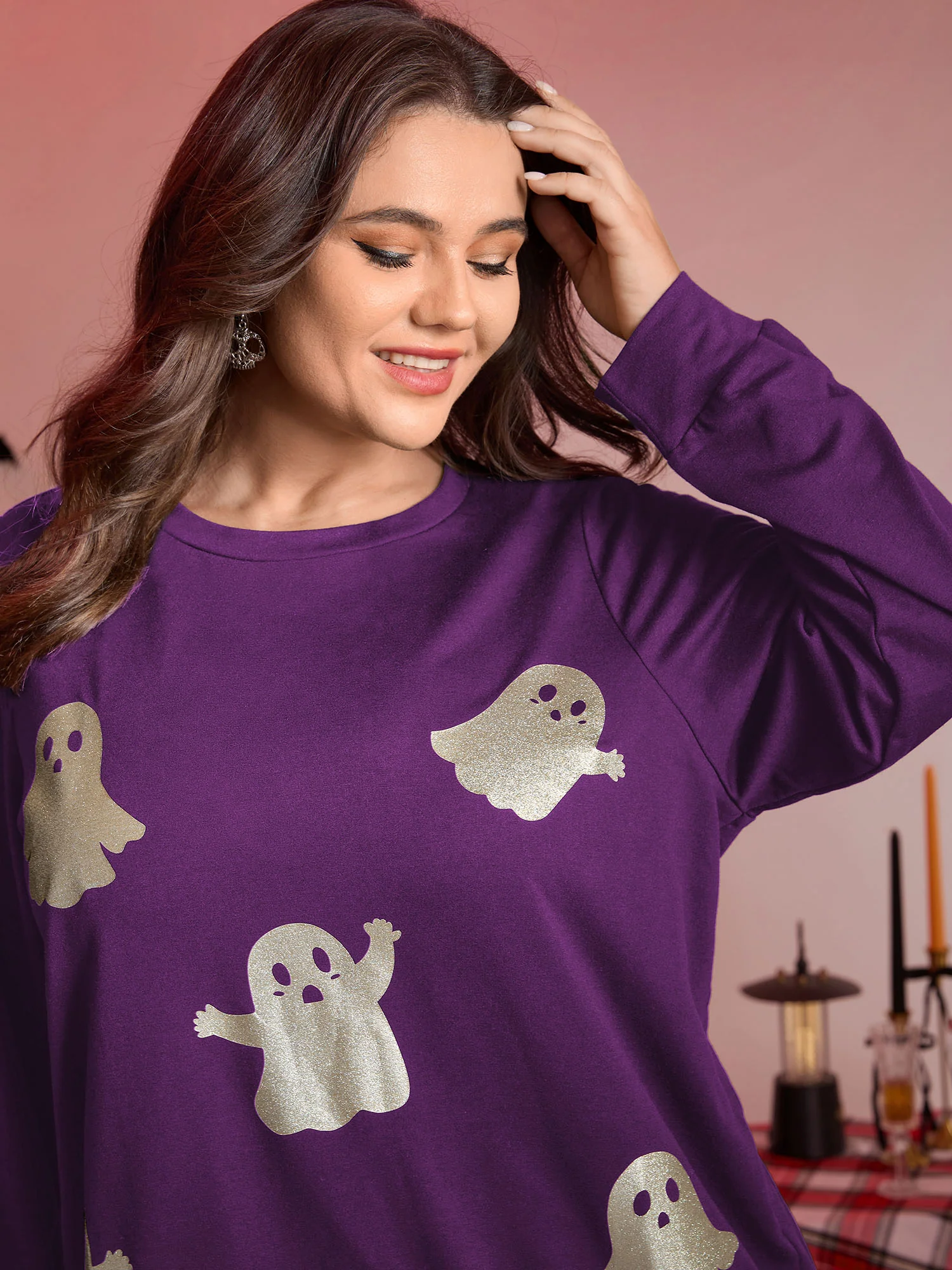 Spooky Ghost Print Solid Sweatshirt - Image 8