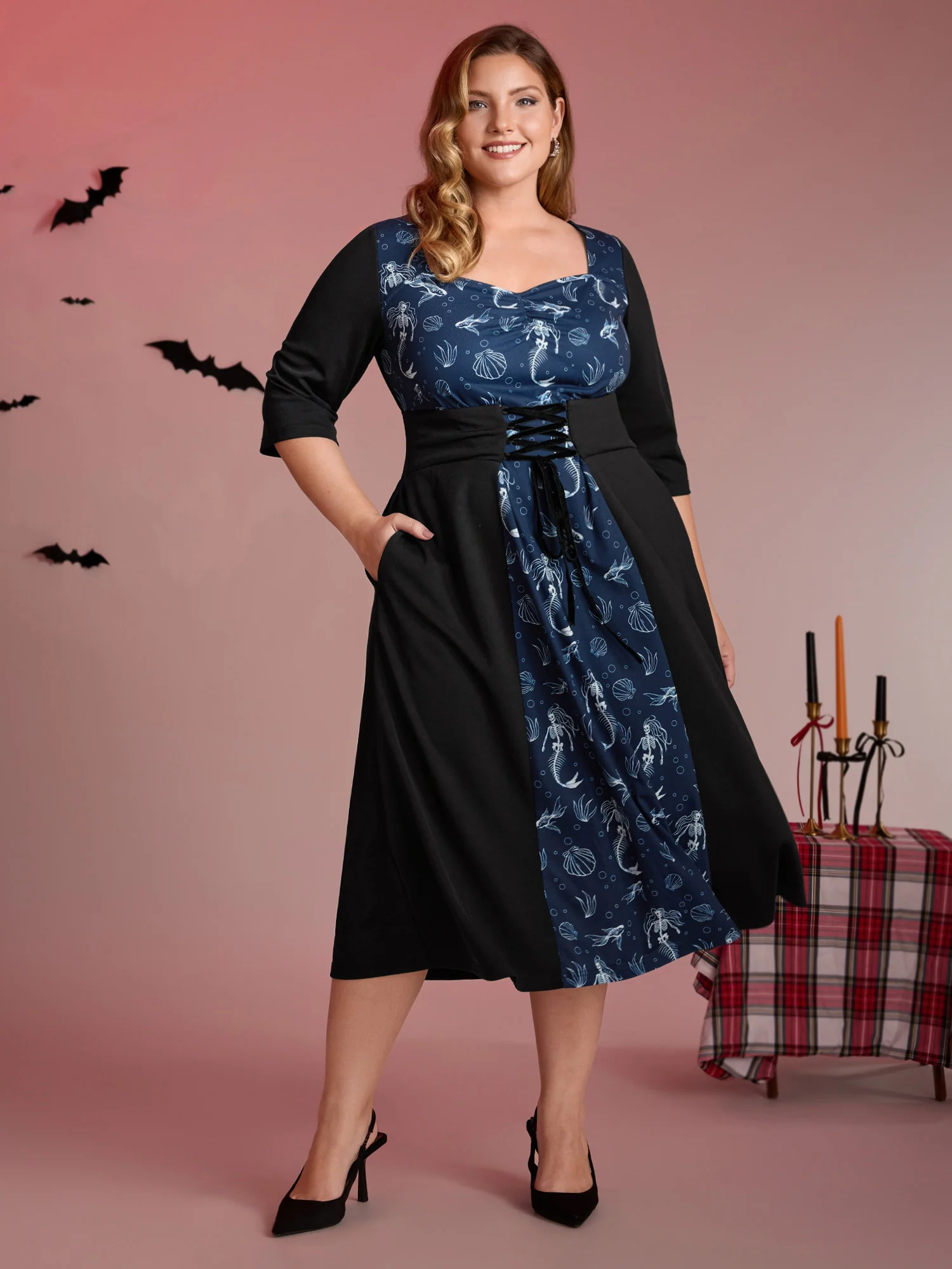 Spooky Mermaid Print Supersoft Cinched Midi Dress - Image 3