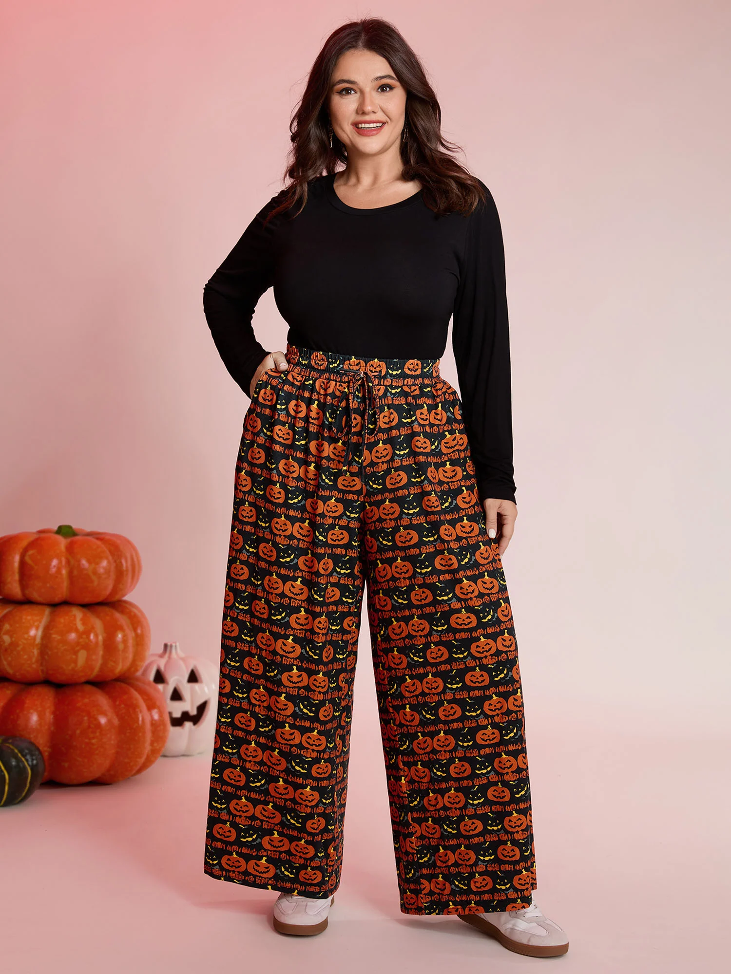 Spooky Pumpkin Elastic Waistband Wide-Leg Pants - Image 2