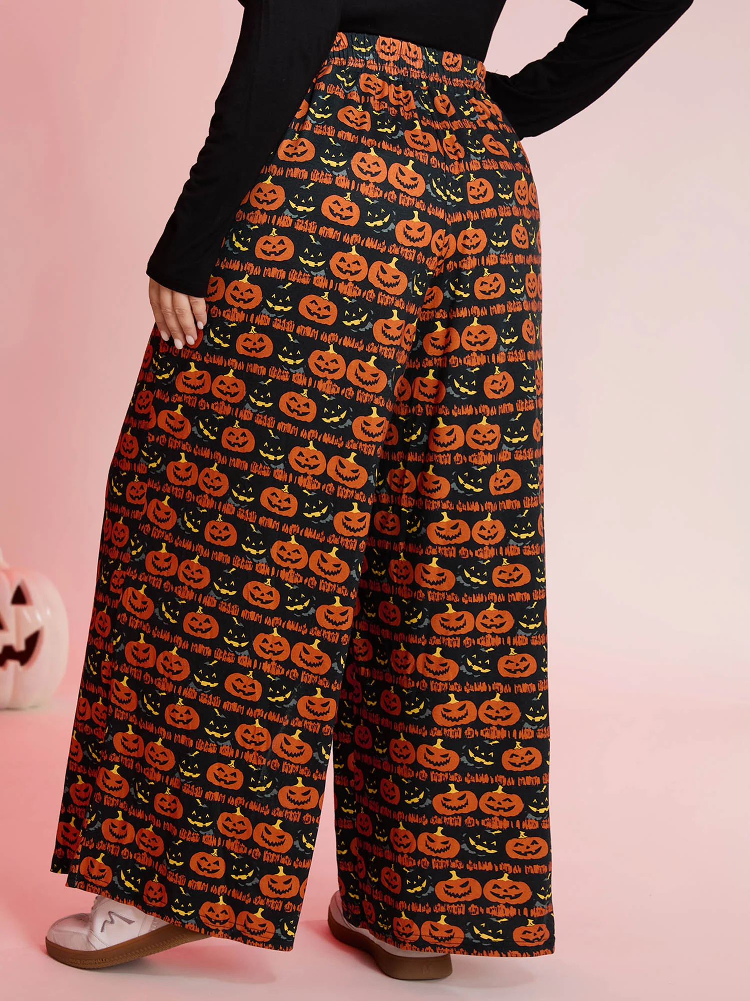 Spooky Pumpkin Elastic Waistband Wide-Leg Pants - Image 4