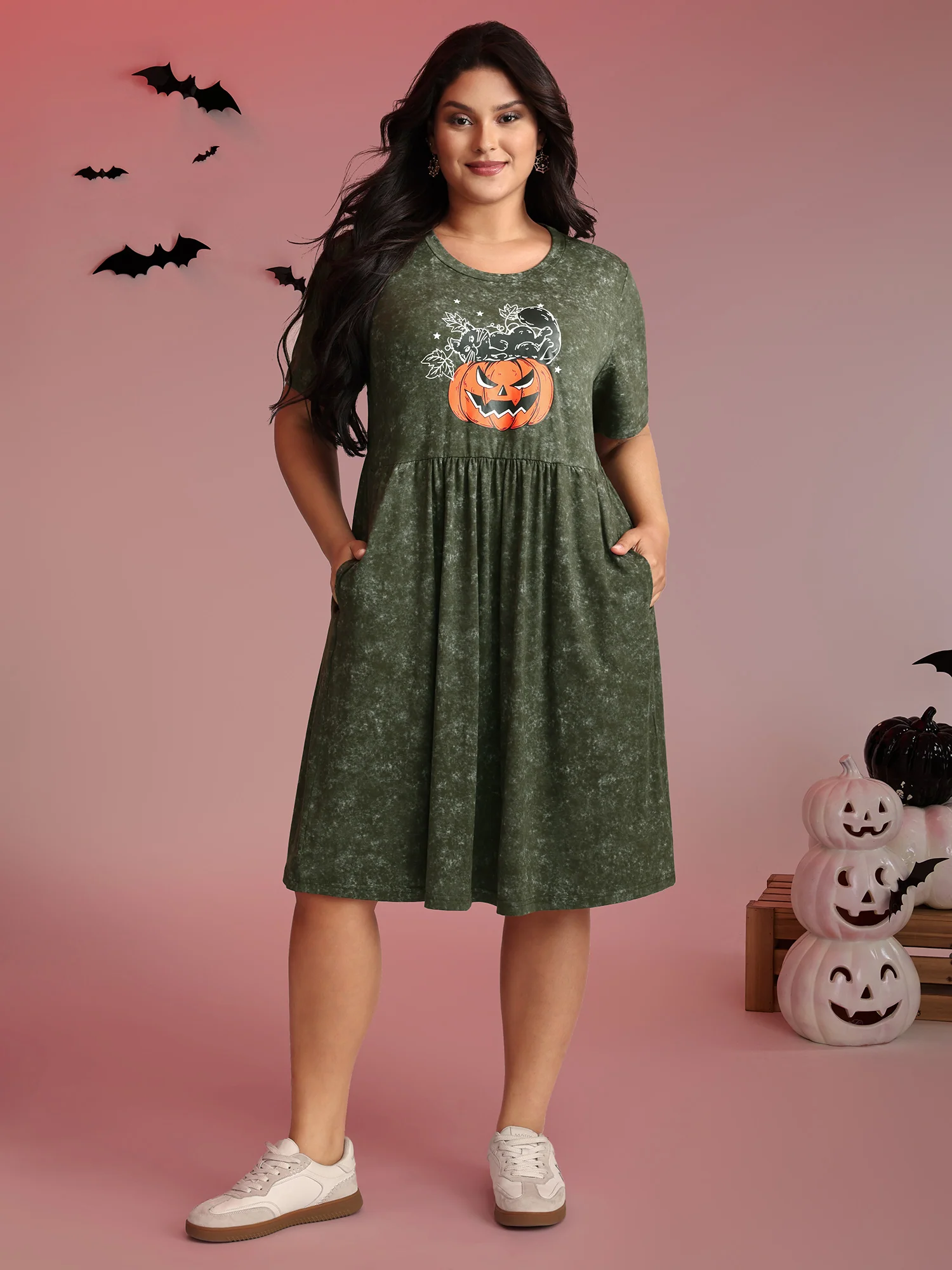 Spooky Pumpkin Motif Snowflake Effect Midi Dress - Image 2