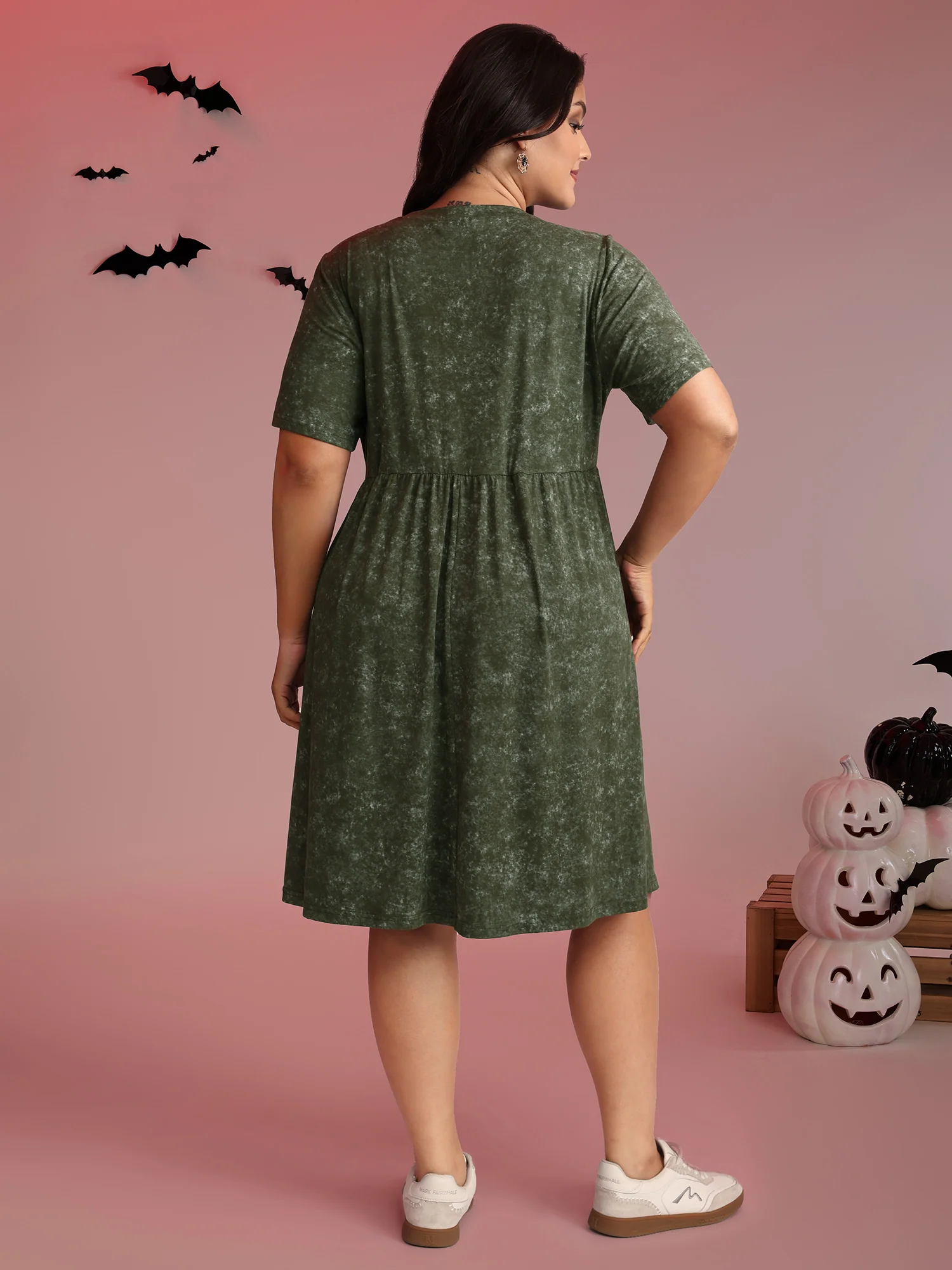 Spooky Pumpkin Motif Snowflake Effect Midi Dress - Image 3