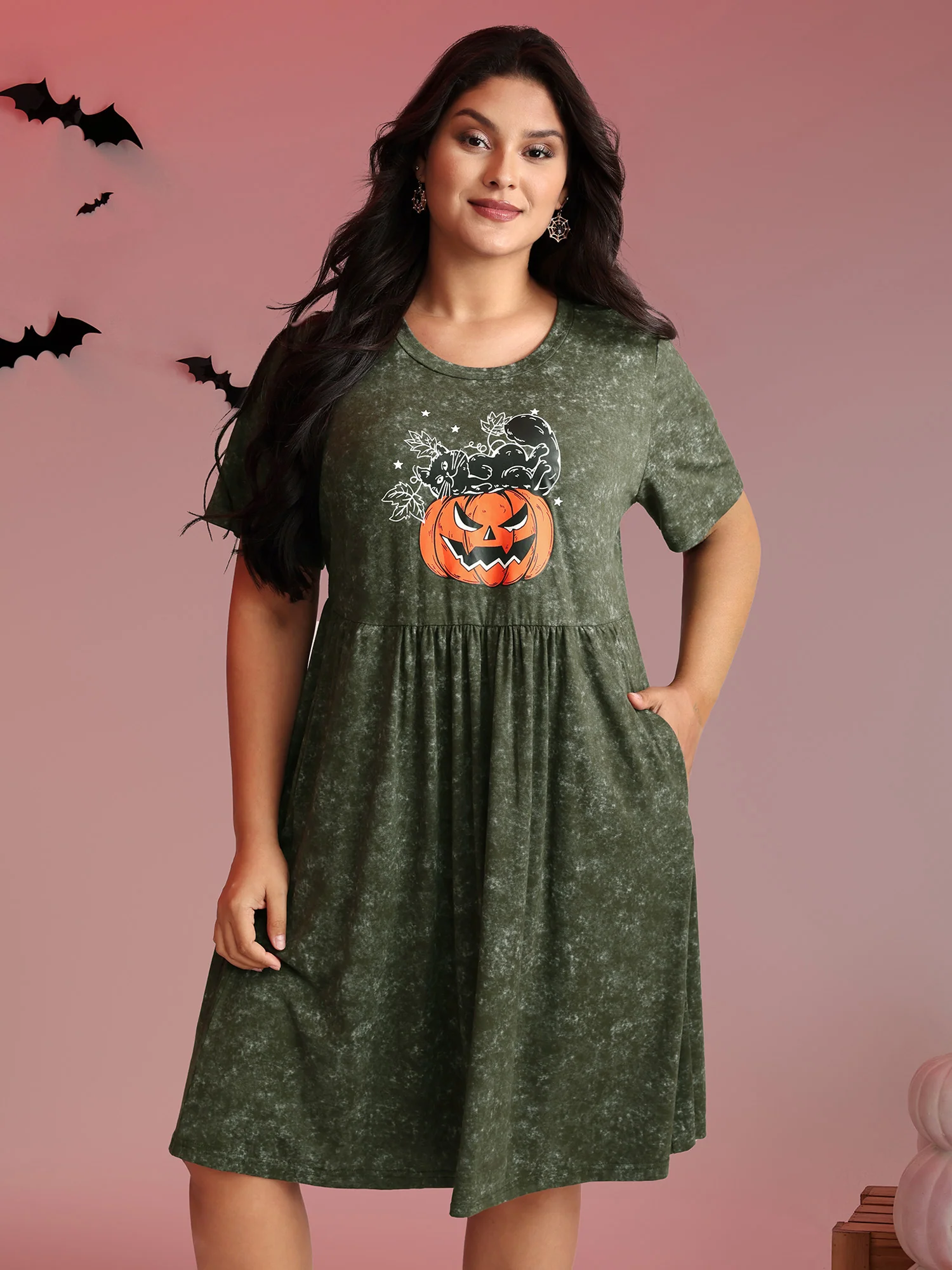 Spooky Pumpkin Motif Snowflake Effect Midi Dress - Image 4