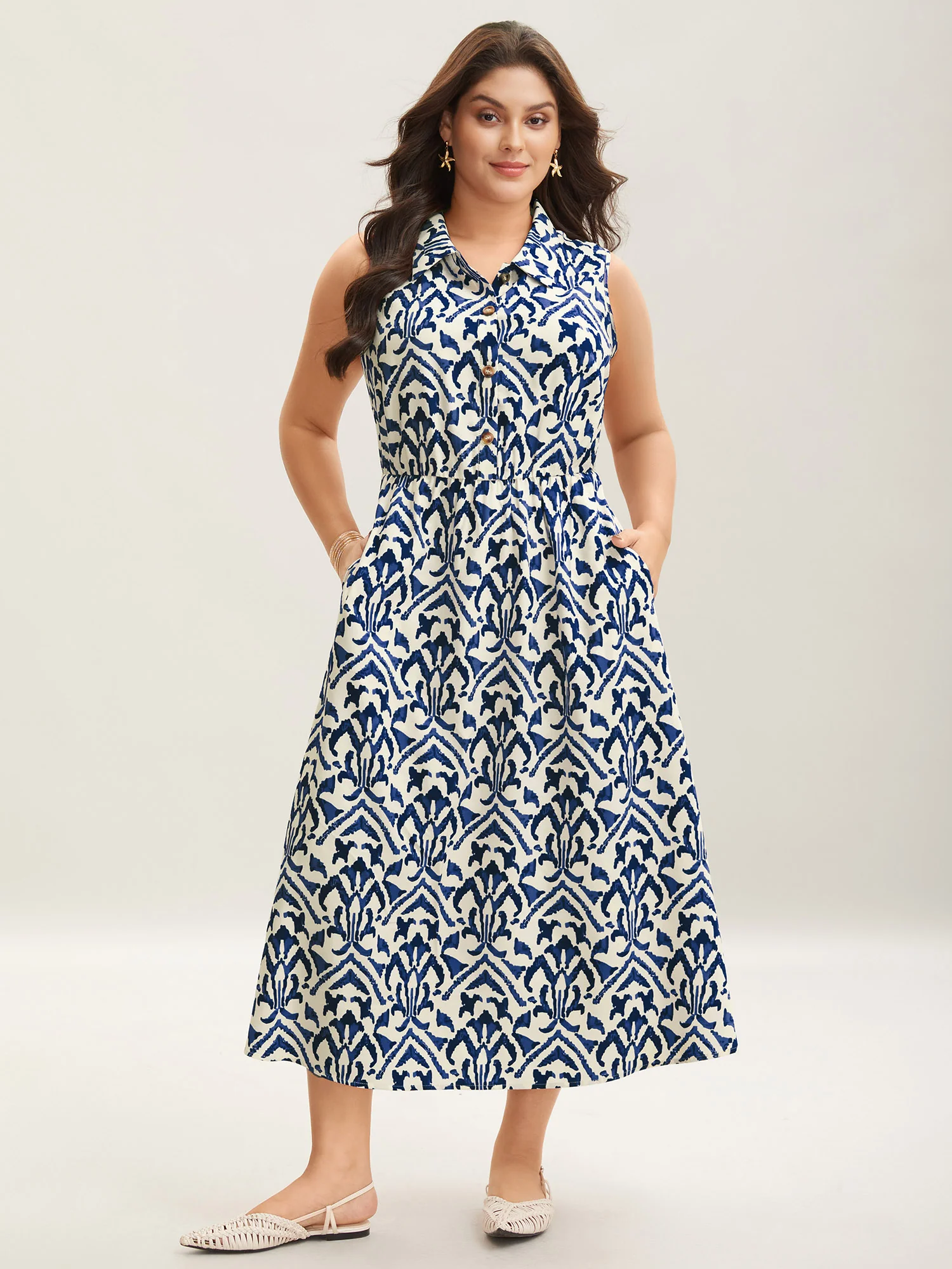 Spring Abstract Print Shirt Collar Midi Dress - Image 10