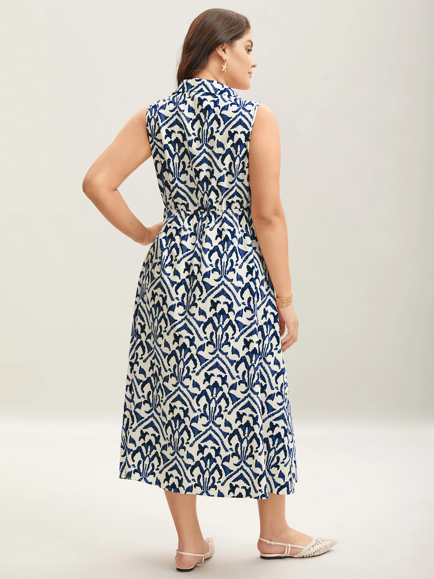 Spring Abstract Print Shirt Collar Midi Dress - Image 12