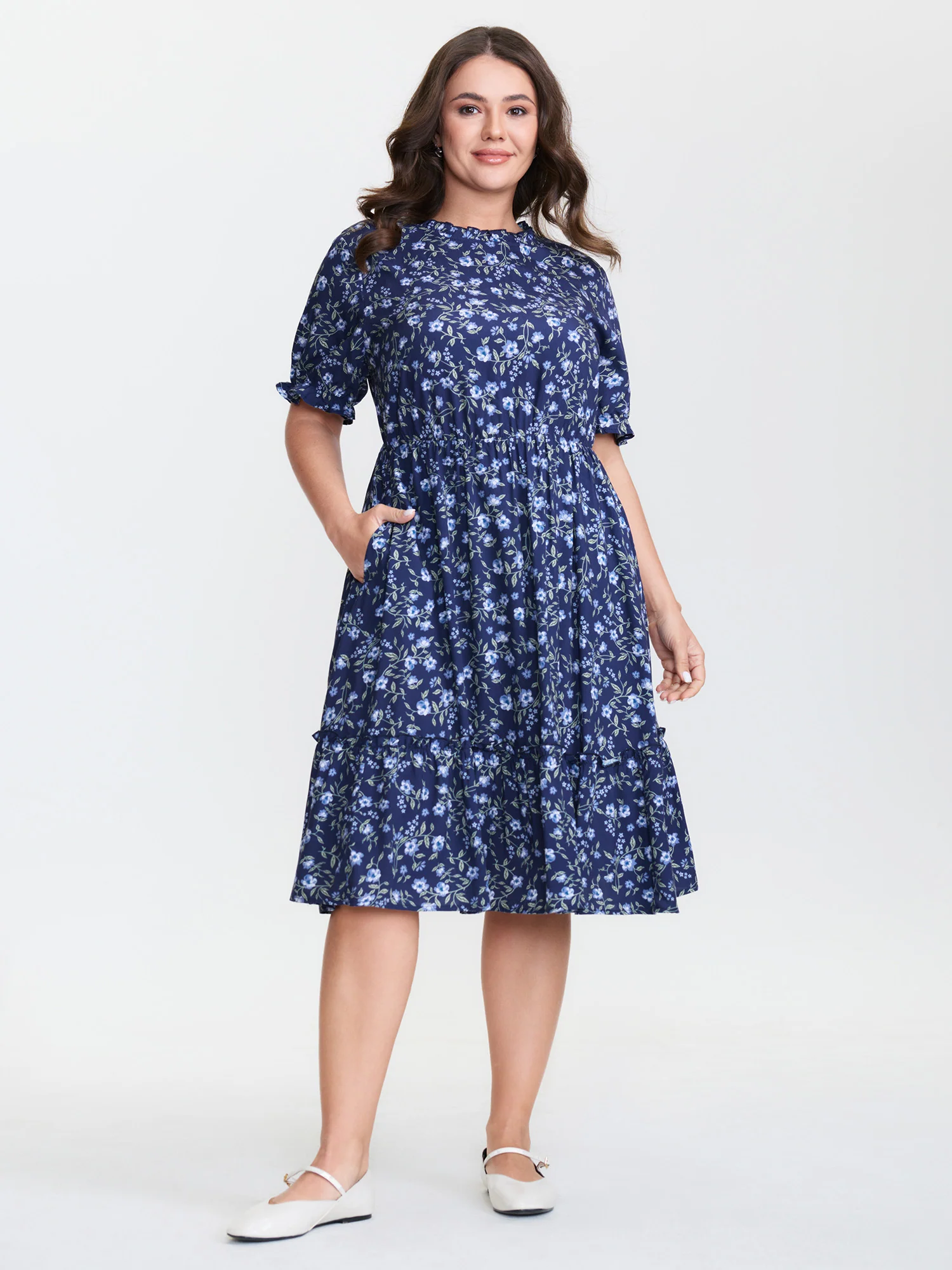 Spring Floral Print Pockets Midi Dress - Image 3