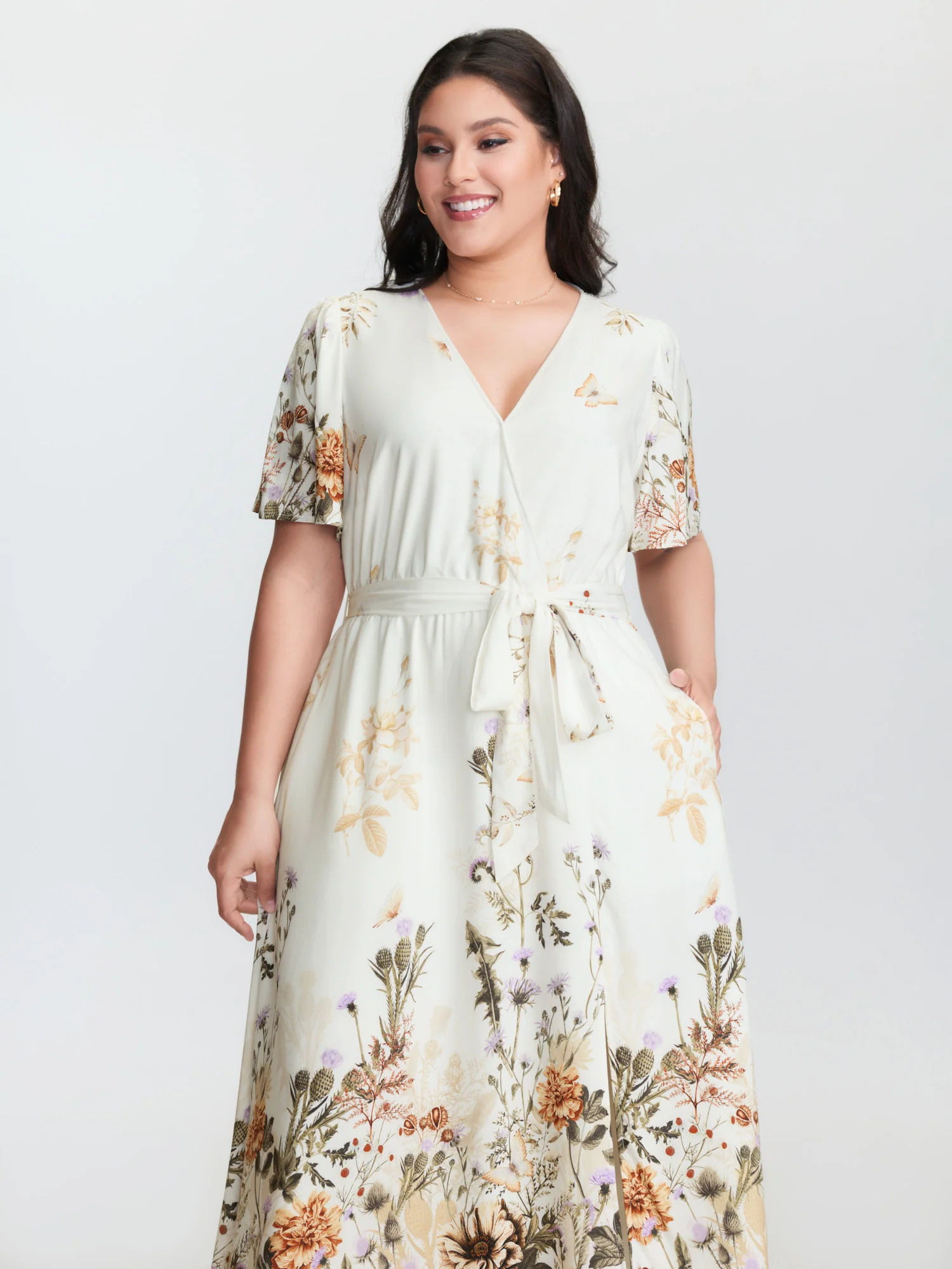Spring Floral Print Surplice Neck Midi Dress - Image 2