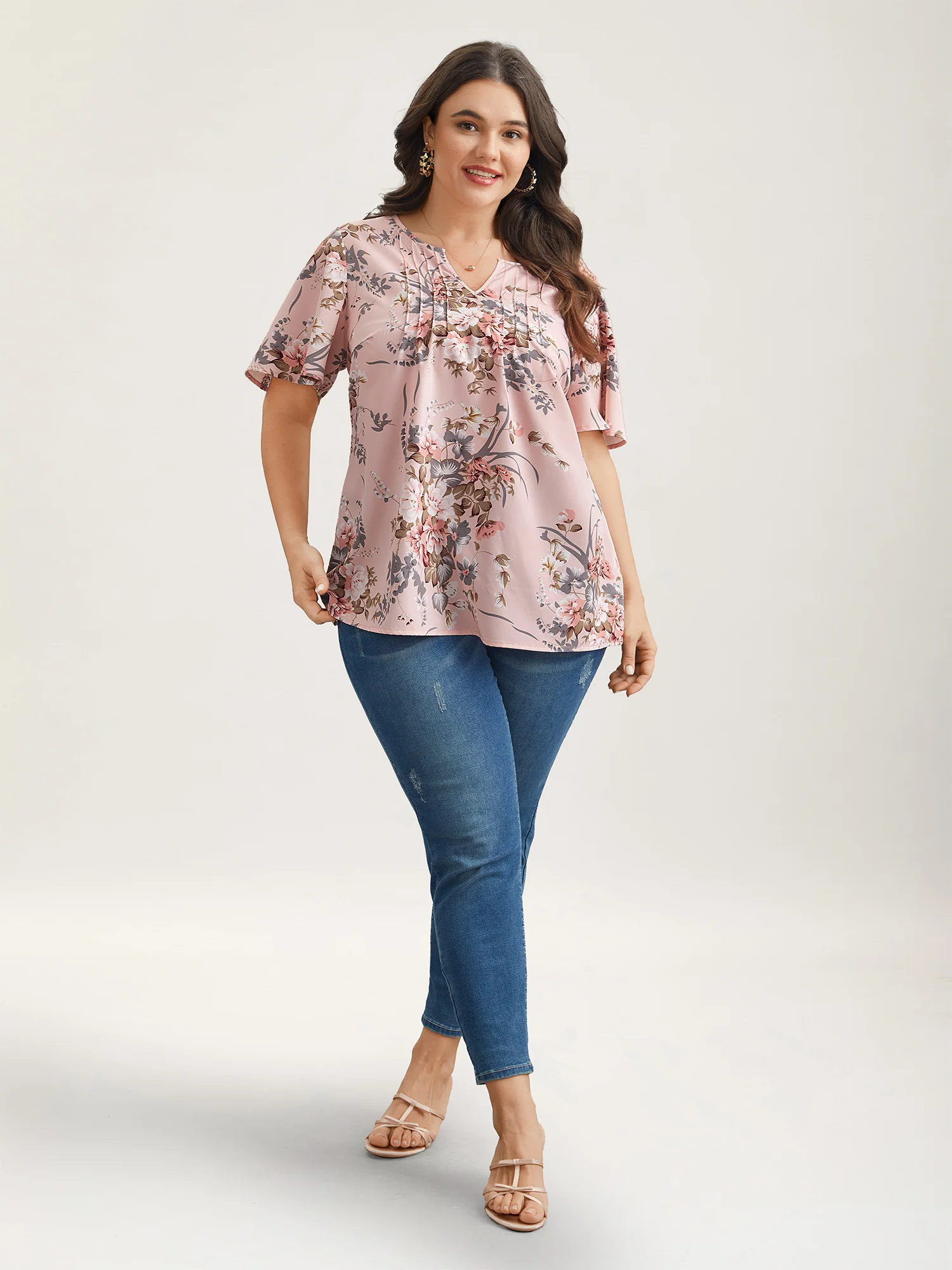 Spring Pattern Neck Cut-Out Pleated Shirt - Image 2