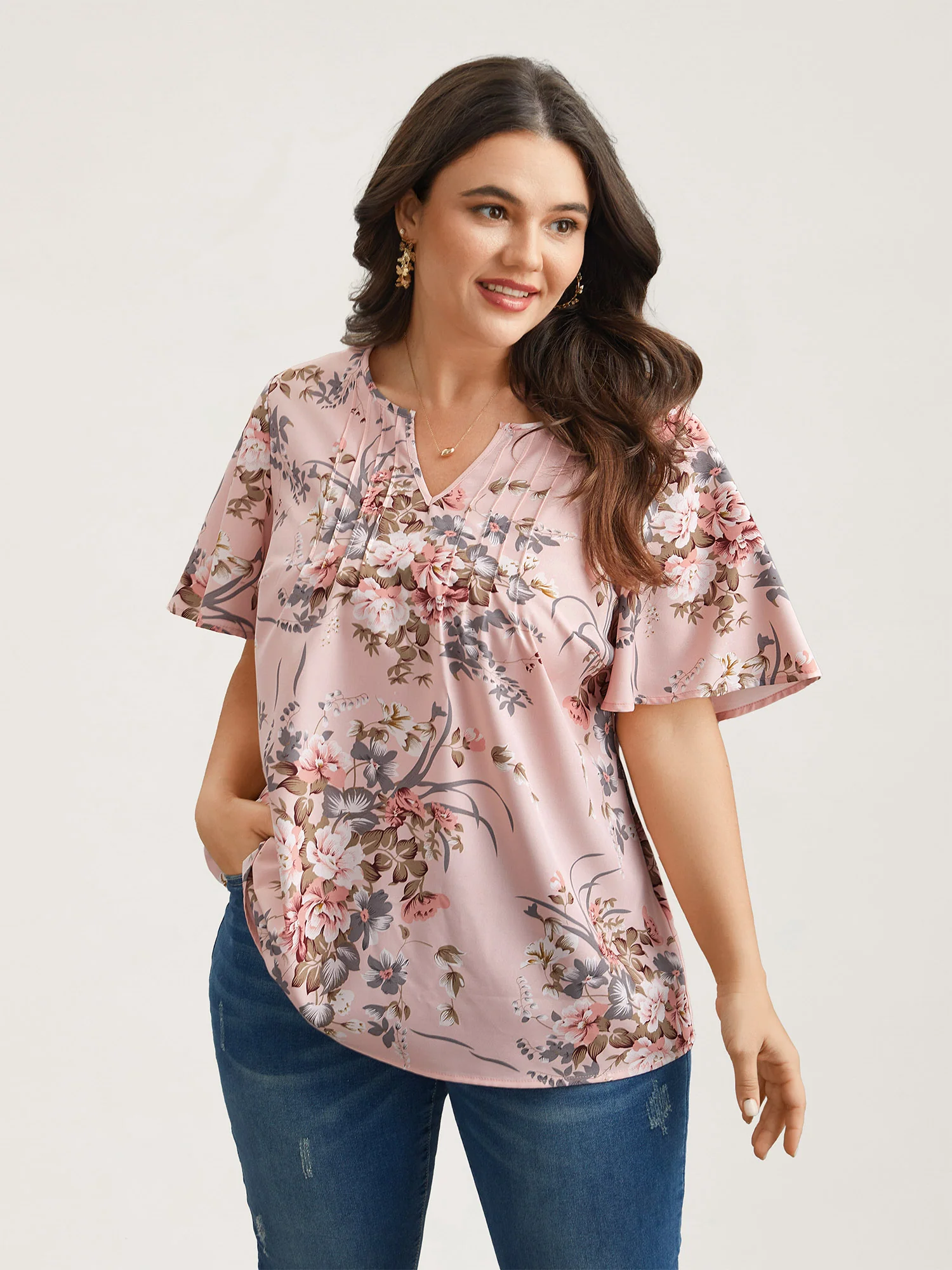 Spring Pattern Neck Cut-Out Pleated Shirt - Image 3