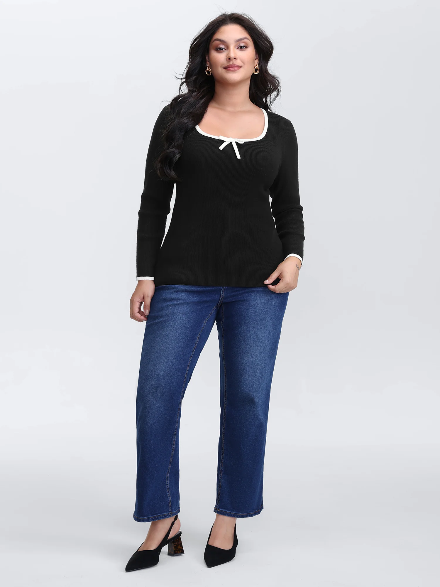 Square Neck Bowknot Fitted Pullover - Image 3
