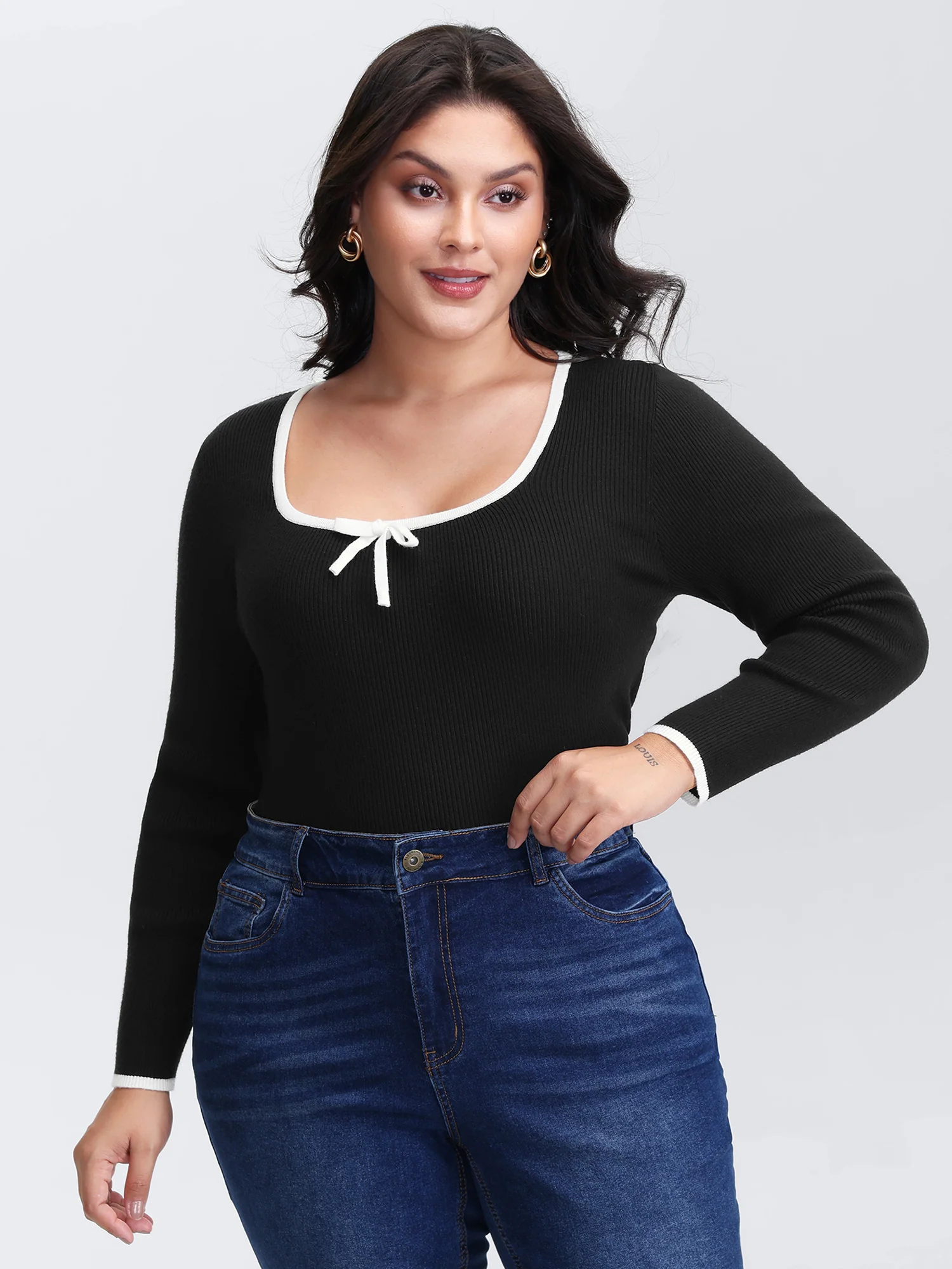 Square Neck Bowknot Fitted Pullover - Image 4