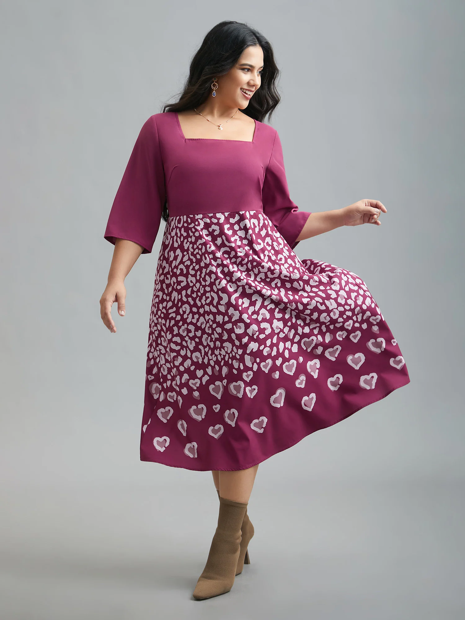 Square Neck Contrast Boho Print Midi Dress - Image 3