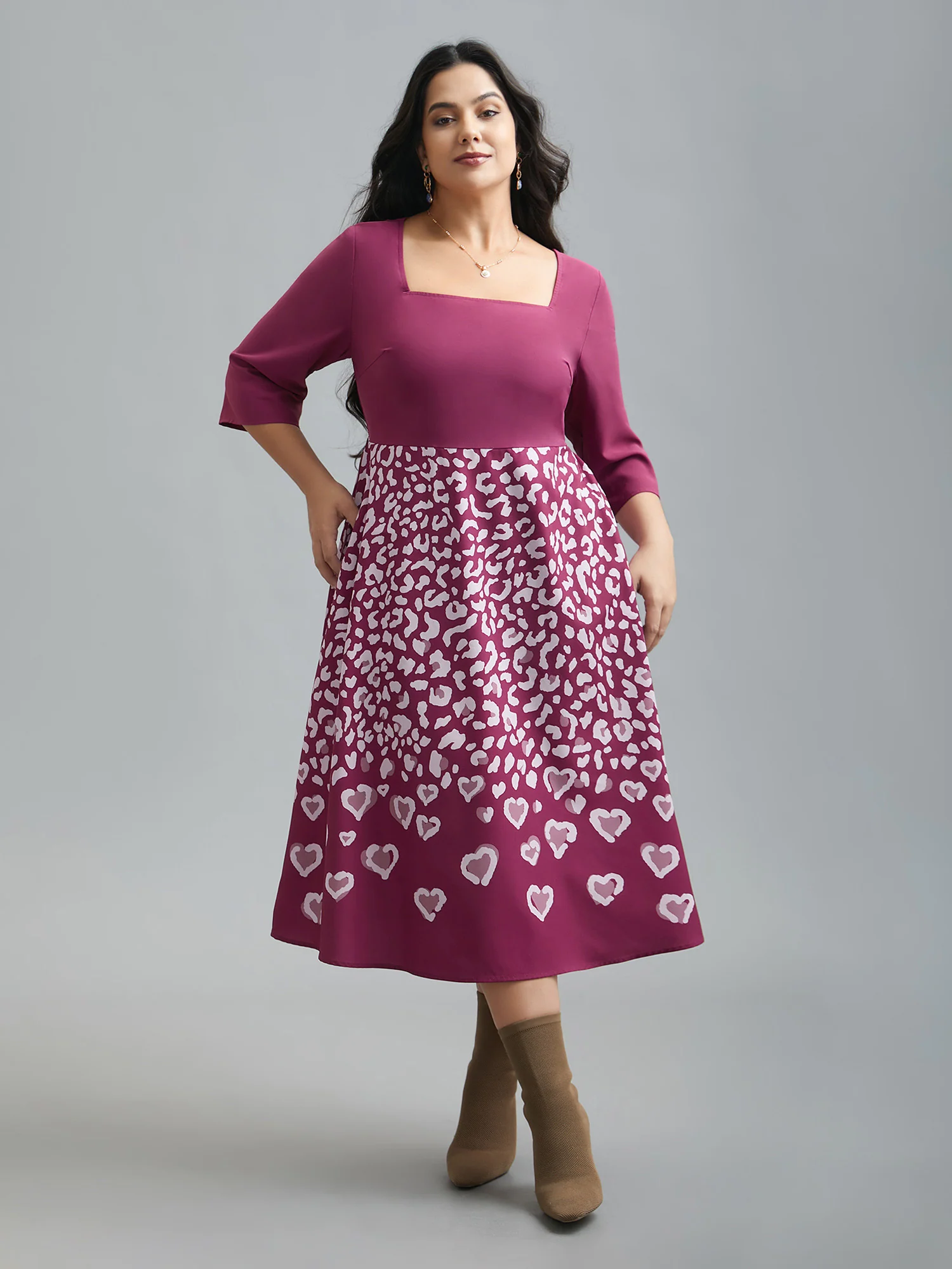 Square Neck Contrast Boho Print Midi Dress - Image 4