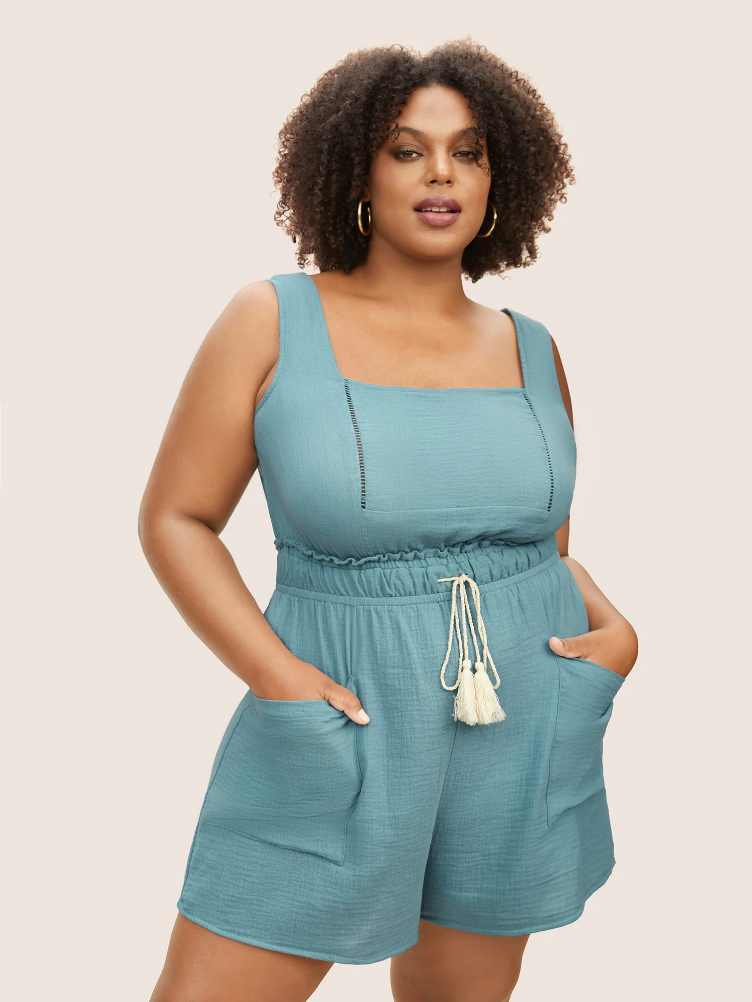 Square Neck Drawstring Frill Trim Tassels Jumpsuit