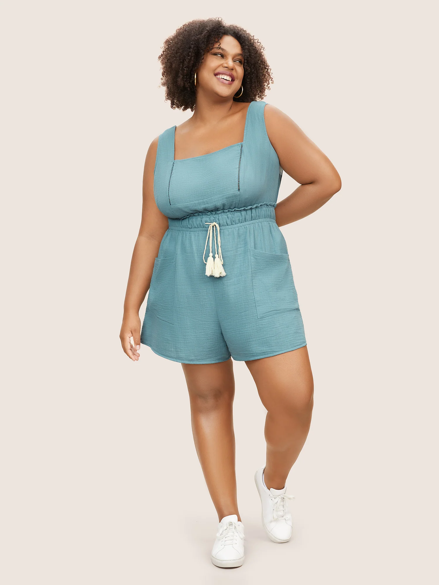 Square Neck Drawstring Frill Trim Tassels Jumpsuit - Image 2