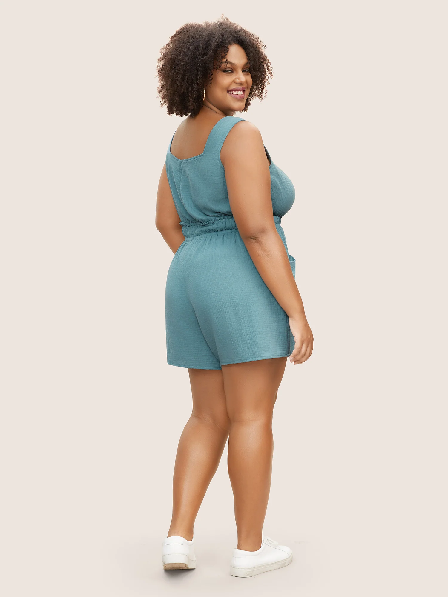 Square Neck Drawstring Frill Trim Tassels Jumpsuit - Image 3
