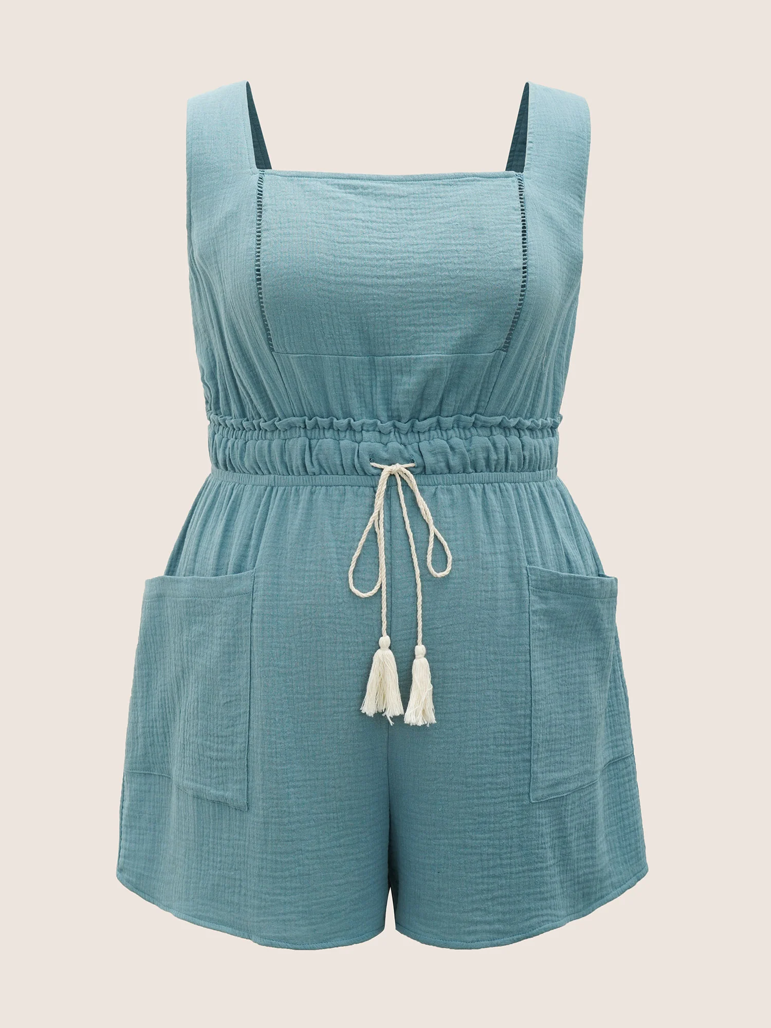 Square Neck Drawstring Frill Trim Tassels Jumpsuit - Image 7