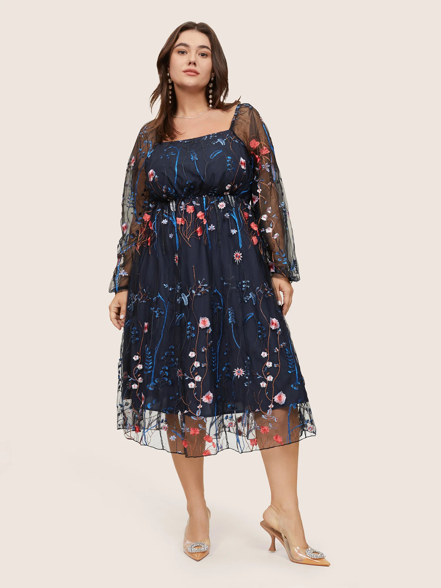 Square Neck Embroidered Lace Mesh Lantern Sleeve Dress - Image 3