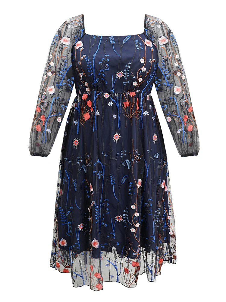Square Neck Embroidered Lace Mesh Lantern Sleeve Dress - Image 5