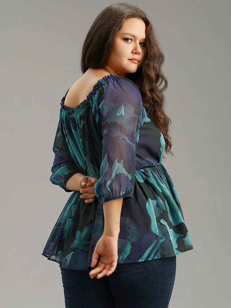 Square Neck Floral Frill Trim Mesh Ruffles Blouse - Image 2