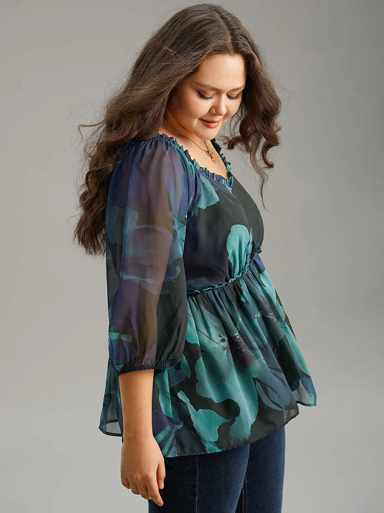 Square Neck Floral Frill Trim Mesh Ruffles Blouse - Image 3