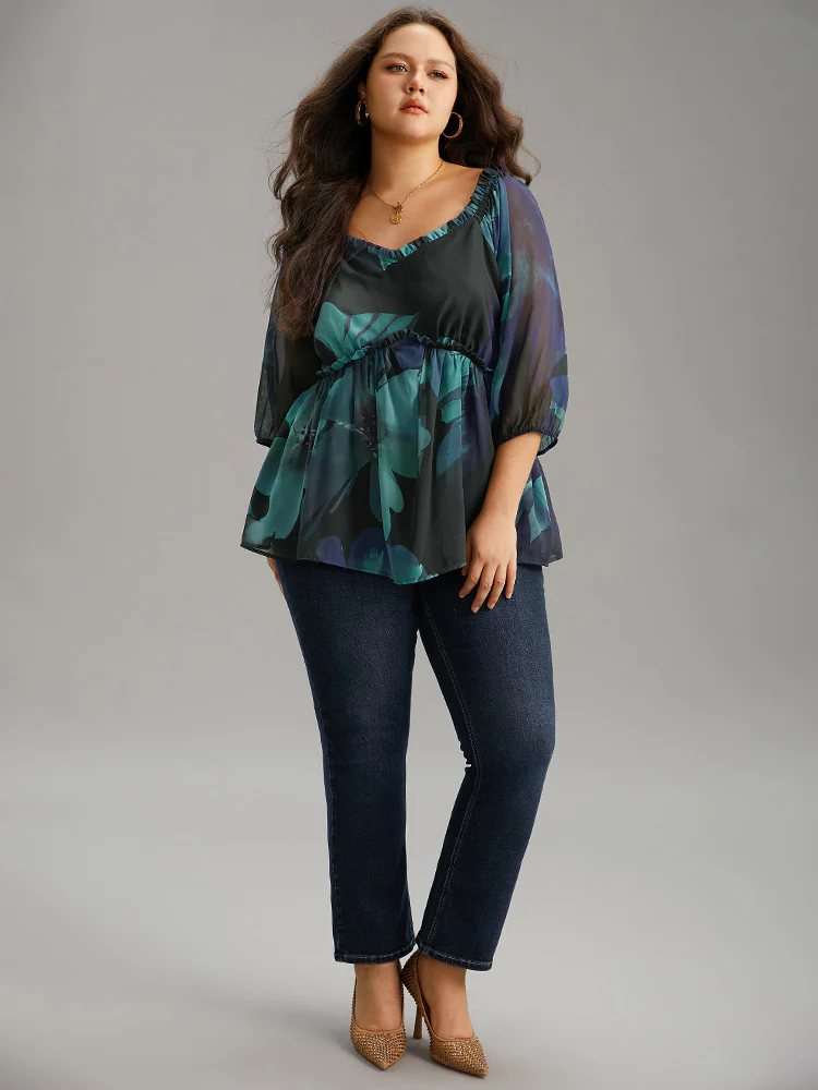 Square Neck Floral Frill Trim Mesh Ruffles Blouse - Image 4