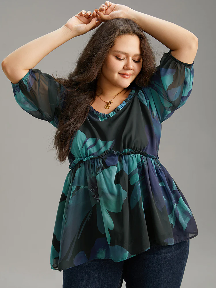 Square Neck Floral Frill Trim Mesh Ruffles Blouse - Image 5