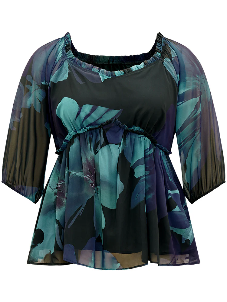 Square Neck Floral Frill Trim Mesh Ruffles Blouse - Image 7