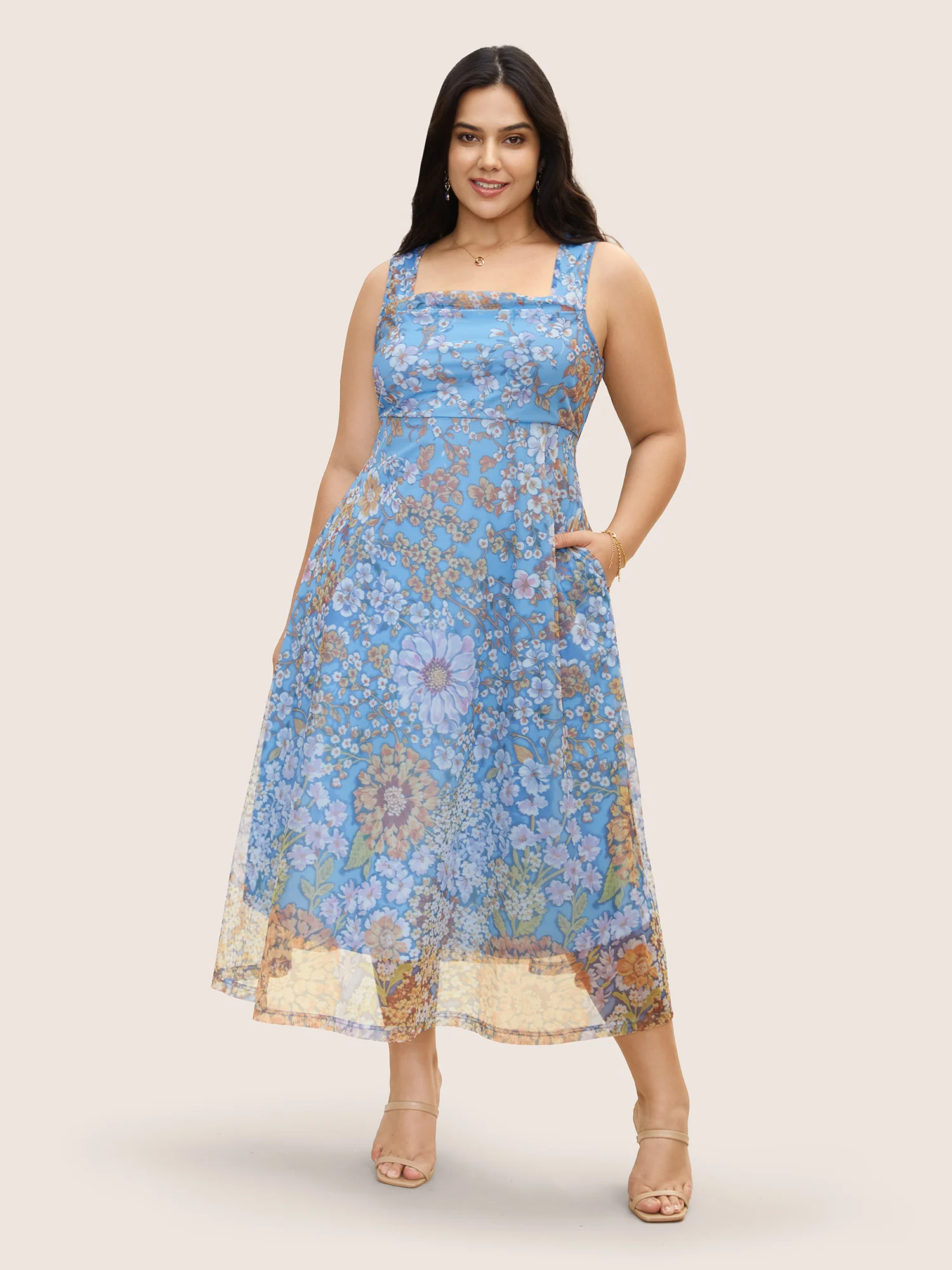 Square Neck Floral Mesh Tank Dress