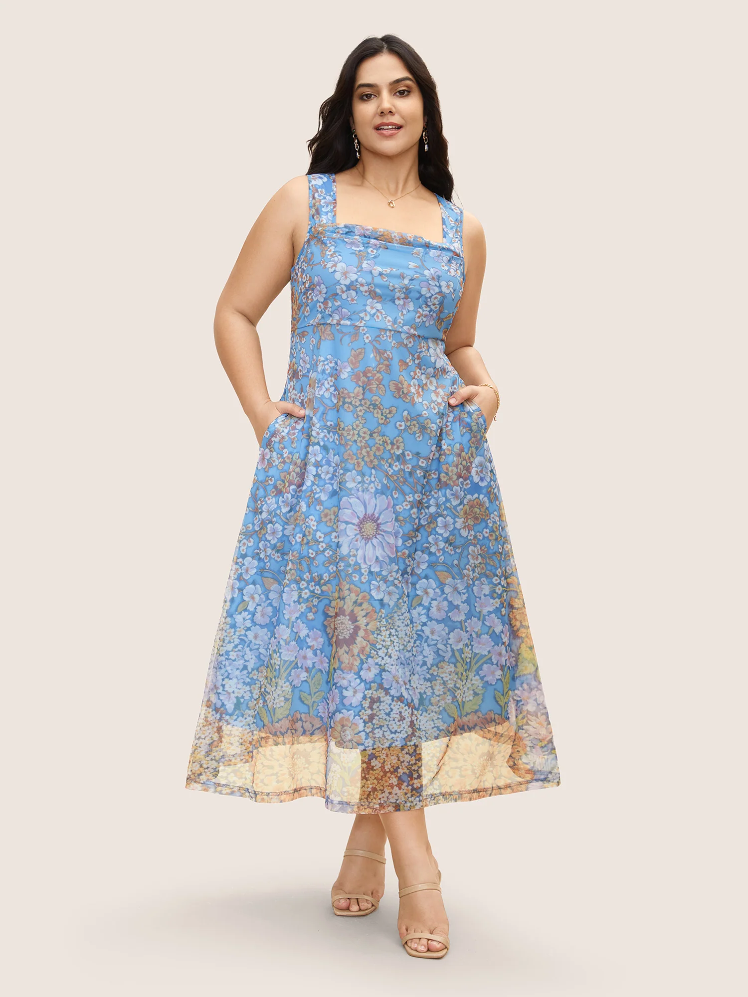 Square Neck Floral Mesh Tank Dress - Image 3