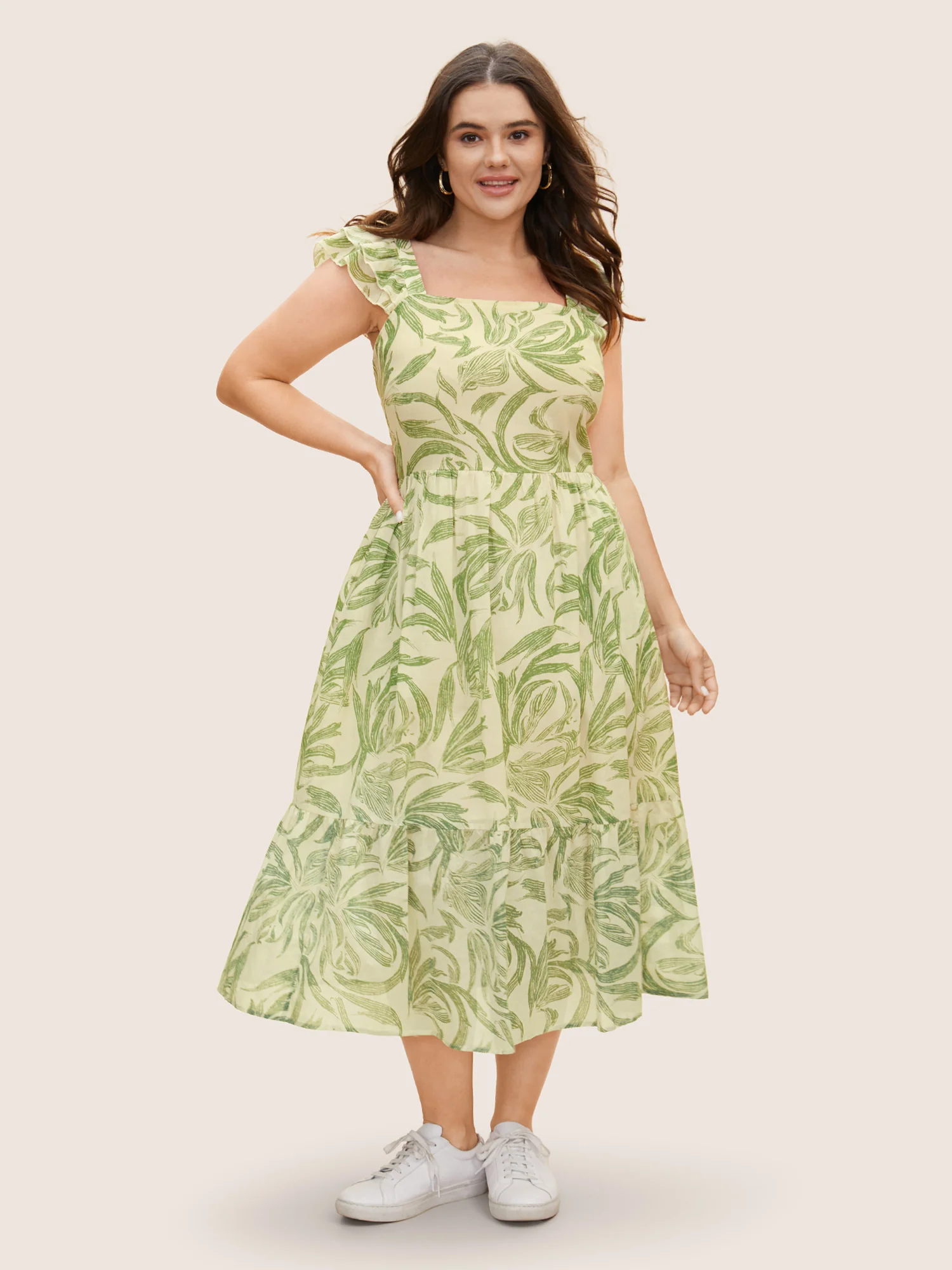 Cotton Square Neck Floral Print Tiered Ruffles Dress - Image 3