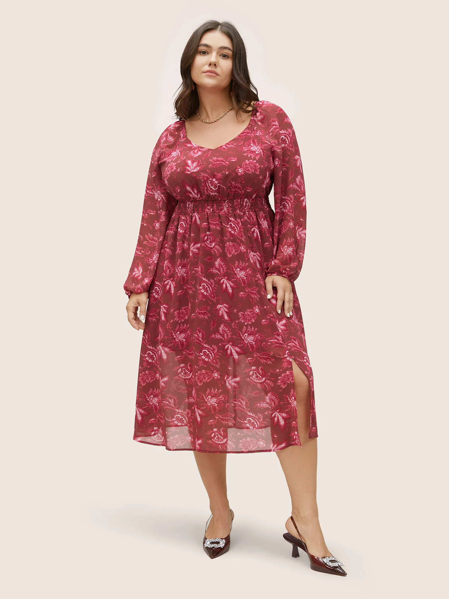 Square Neck Floral Shirred Gathered Mesh Dress - Image 2